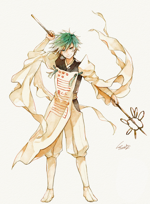 1boy akagi_shun closed_mouth commentary_request copyright_request full_body green_eyes green_hair grey_background hair_between_eyes hand_up head_tilt holding looking_at_viewer male_focus simple_background smile solo standing tabi tassel white_legwear