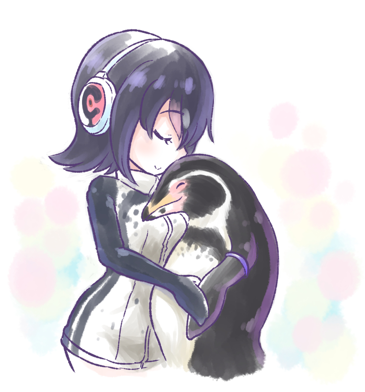 bird black_hair closed_eyes closed_mouth from_side grape-kun headphones hug humboldt_penguin humboldt_penguin_(kemono_friends) kotobuki_(tiny_life) penguin short_hair smile