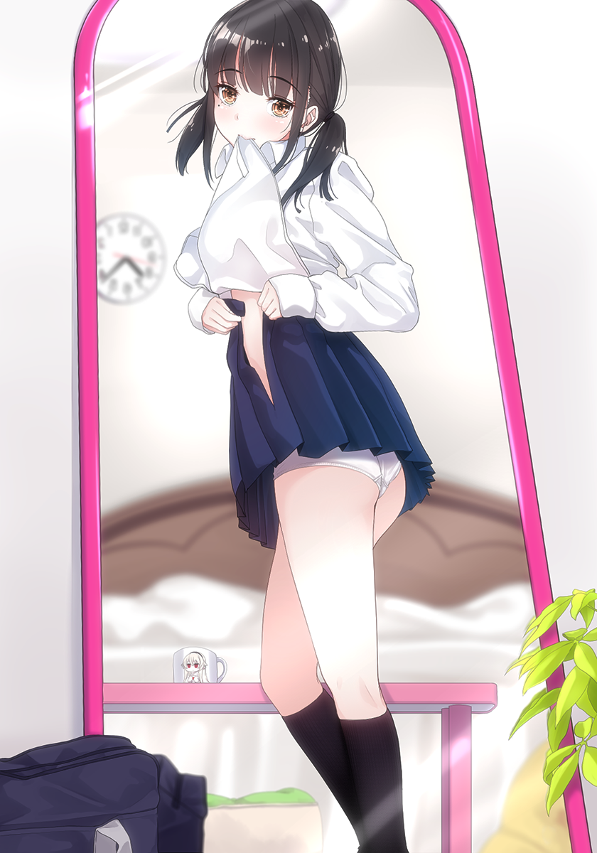 1girl afilia_(kiyomin) ass bangs black_hair black_legwear blue_skirt blurry blurry_background blush brown_hair clock closed_mouth collared_shirt commentary_request cup depth_of_field eyebrows_visible_through_hair head_tilt highres kiyomin kneehighs long_sleeves looking_at_viewer mouth_hold mug original panties plant pleated_skirt potted_plant red_eyes reflection shirt shirt_in_mouth silver_hair skirt sleeves_past_wrists solo standing underwear wall_clock white_panties white_shirt