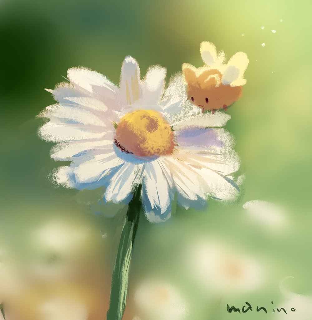 :3 bee blurry blurry_background bug chibi commentary_request daisy day depth_of_field flower insect light_particles manino_(mofuritaionaka) no_humans original outdoors signature