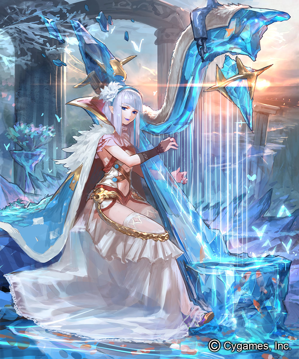 1girl arch bangs blue_cape blue_eyes blunt_bangs cape daible hairband harp highres instrument looking_at_viewer music navel official_art outdoors playing_instrument purple_lips see-through shingeki_no_bahamut sitting solo white-hair white_legwear