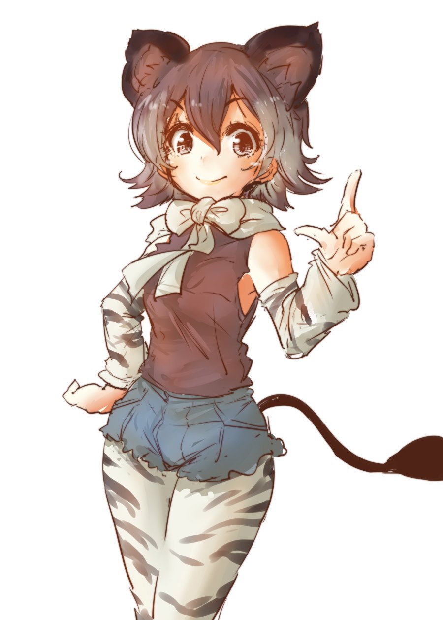 1girl bare_shoulders bow bowtie brown_hair check_commentary commentary commentary_request denim denim_shorts detached_sleeves eyebrows_visible_through_hair highres kemono_friends motocompoooo multicolored_hair okapi_(kemono_friends) okapi_ears okapi_tail pantyhose short_hair short_shorts shorts solo striped vest white_hair