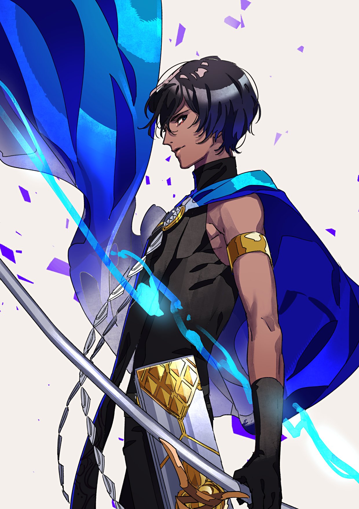 1boy arjuna_(fate/grand_order) armlet black_gloves black_shirt blue_cape brown_eyes brown_hair cape commentary_request dark_skin dark_skinned_male fate/grand_order fate_(series) from_side gloves grey_background highres holding holding_sword holding_weapon looking_at_viewer looking_to_the_side profile shirt simple_background sleeveless sleeveless_shirt smile solo standing sword tenobe weapon
