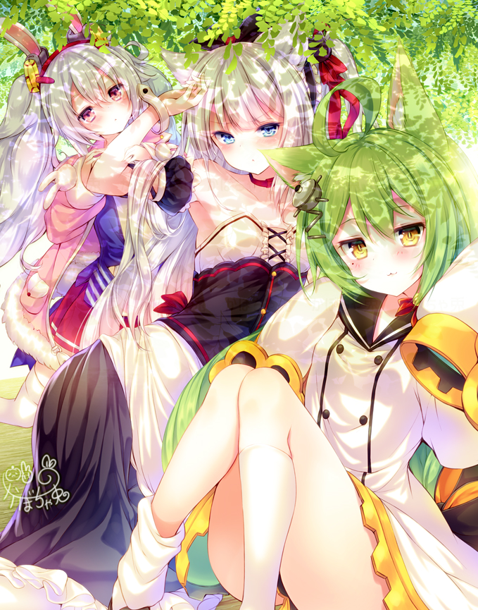 3girls :3 akashi_(azur_lane) animal_ears asymmetrical_legwear azur_lane bangs bare_shoulders bell black_bow black_dress black_sailor_collar blue_eyes blush bow breasts brown_eyes cat_ears cat_hair_ornament closed_mouth collarbone commentary_request detached_sleeves dress eyebrows_visible_through_hair hair_between_eyes hair_bow hair_ornament hair_ribbon hairband hammann_(azur_lane) head_tilt jacket jingle_bell kabocha_usagi kneehighs kneeling laffey_(azur_lane) long_hair long_sleeves looking_at_viewer loose_socks multiple_girls one_side_up open_clothes open_jacket pink_jacket pleated_skirt puffy_short_sleeves puffy_sleeves rabbit_ears red_bow red_hairband red_ribbon red_skirt ribbon sailor_collar sailor_dress short_sleeves signature silver_hair single_kneehigh sitting skirt sleeves_past_fingers sleeves_past_wrists small_breasts strapless strapless_dress sunlight thigh-highs twintails very_long_hair white_dress white_legwear wide_sleeves wrist_cuffs