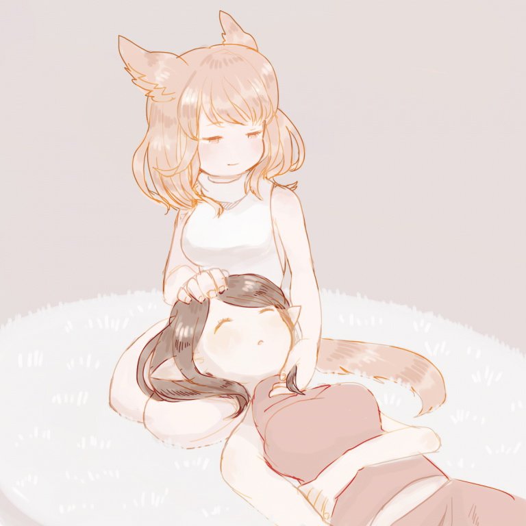 2girls animal_ears black_hair brown_eyes brown_hair cat_ears cat_tail closed_eyes elezen elf final_fantasy final_fantasy_xiv halterneck kneeling lap_pillow lying miqo'te mozuku_(mozuuru0323) multiple_girls pointy_ears short_hair simple_background sleeping smile tail turtleneck