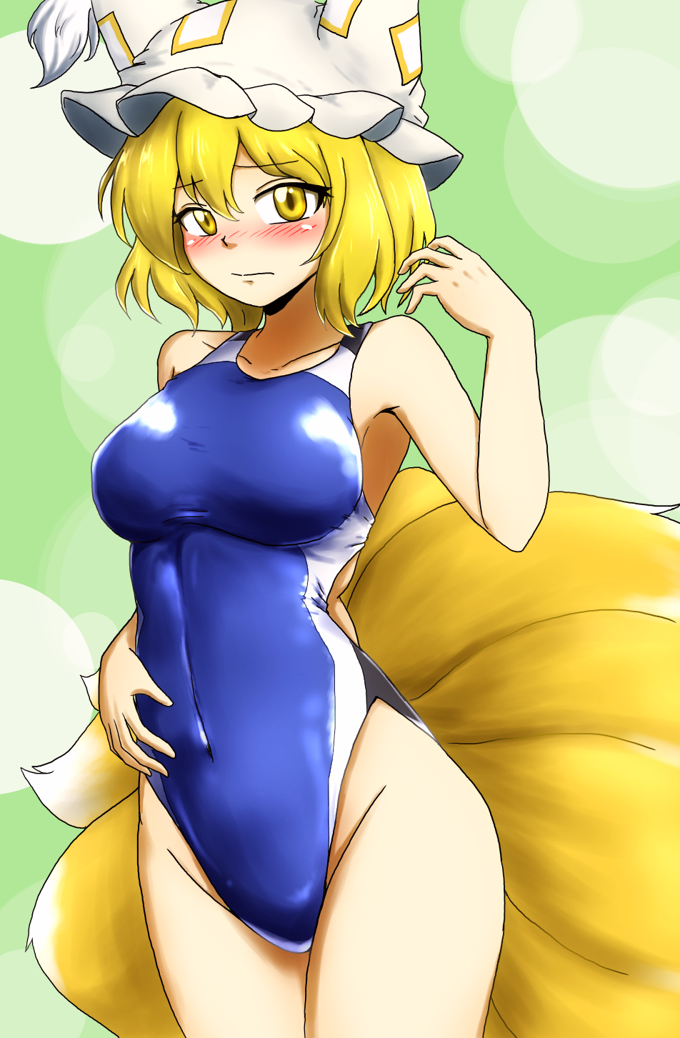 1girl animal_ears blonde_hair blue_swimsuit blush breasts competition_swimsuit d-m_(dii_emu) fox_ears fox_tail green_background hand_on_own_stomach hat highres kitsune looking_at_viewer medium_breasts multiple_tails one-piece_swimsuit pillow_hat short_hair solo swimsuit tail touhou yakumo_ran yellow_eyes