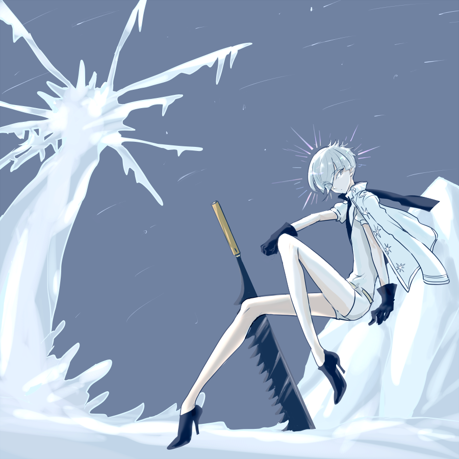 1other androgynous antarcticite bent_knees blue_footwear blue_gloves cojimama commentary_request full_body gloves grey_eyes high_heels holding holding_sword holding_weapon houseki_no_kuni long_sleeves looking_at_viewer outdoors pale_skin short_hair silver_hair sitting sword weapon