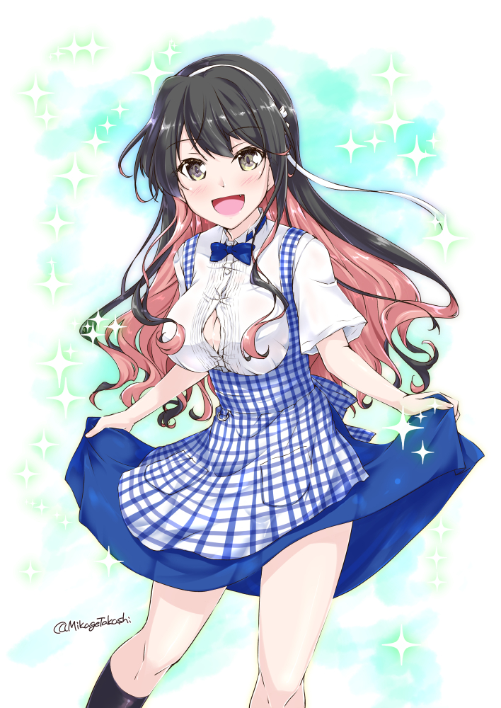 1girl :d alternate_costume apron black_hair blue_dress blue_neckwear bow bowtie breasts bursting_breasts cowboy_shot dress dress_lift fang gingham hair_ribbon hairband kantai_collection kneehighs kobeya koubeya_uniform large_breasts long_hair looking_at_viewer mikage_takashi multicolored_hair naganami_(kantai_collection) open_mouth pink_hair plaid plaid_apron ribbon smile solo star starry_background twitter_username two-tone_hair waitress wavy_hair white_background white_hairband