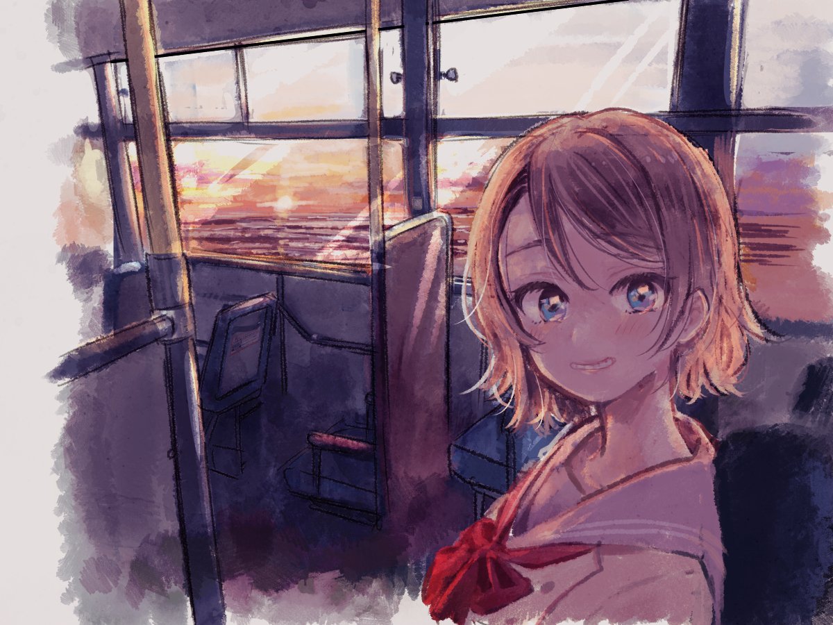 1girl blue_eyes bow bowtie bus_interior dusk grey_hair grin light_blush looking_back love_live! love_live!_sunshine!! ocean ogi_(sham00) red_neckwear school_uniform seat serafuku short_hair smile solo upper_body uranohoshi_school_uniform watanabe_you window