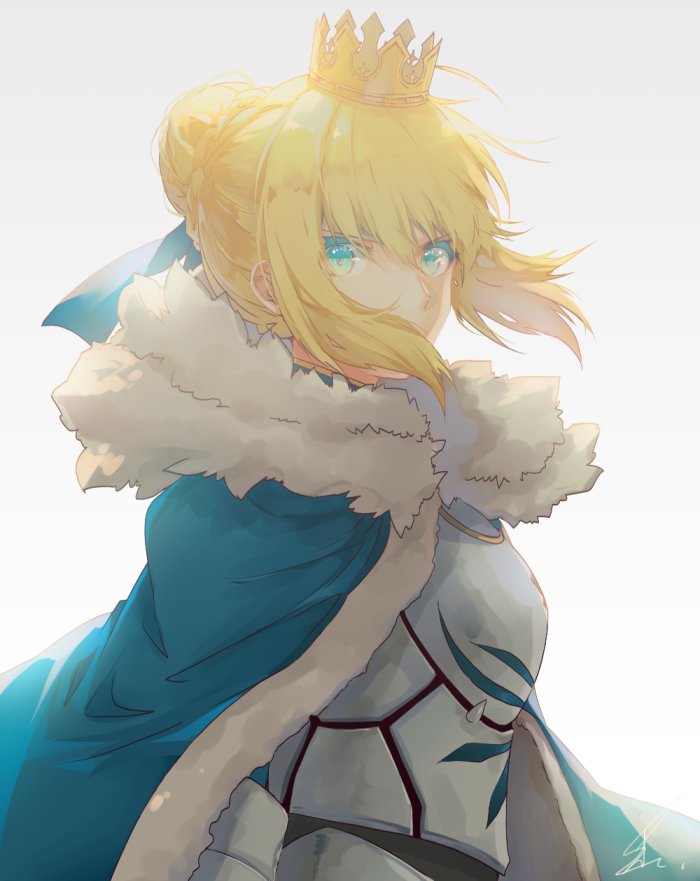 armor armored_dress artoria_pendragon_(all) blonde_hair braid cape crown fate/grand_order fate_(series) french_braid fur_trim gauntlets green_eyes hair_bun saber saihate_(d3) sidelocks