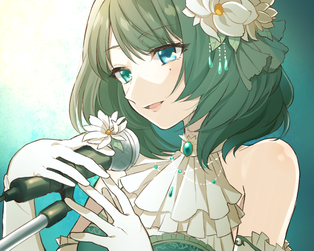 1girl :d bare_shoulders blue_eyes chisumi cravat elbow_gloves eyebrows_visible_through_hair flower gloves green_eyes green_hair hair_flower hair_ornament heterochromia holding idolmaster idolmaster_cinderella_girls idolmaster_cinderella_girls_starlight_stage microphone mole mole_under_eye open_mouth short_hair smile solo takagaki_kaede upper_body white_gloves white_neckwear