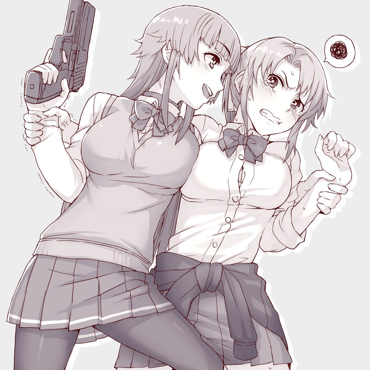 2girls :d anger_vein black_legwear blonde_girl_(itou) blush bow bowtie breasts bursting_breasts clenched_teeth clothes_around_waist collared_shirt commentary_request eye_contact finger_on_trigger grey_background greyscale gun handgun highres itou_(onsoku_tassha) jacket_around_waist large_breasts long_hair long_sleeves looking_at_another monochrome multiple_girls open_mouth original outline pantyhose pistol pleated_skirt ponytail shirt simple_background skirt smile spoken_squiggle squiggle sweatdrop tears teeth vest weapon wide-eyed wing_collar wrist_grab