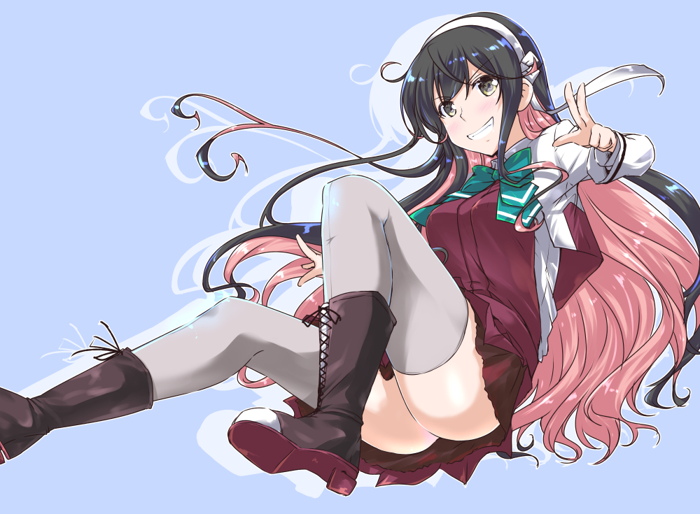 1girl :d ahoge aqua_bow aqua_neckwear ass bangs black_hair blush boots bow bowtie breasts brown_footwear cropped_jacket cross-laced_footwear eyebrows_visible_through_hair grey_legwear grin hairband jacket kantai_collection knee_boots lace-up_boots long_hair long_sleeves looking_at_viewer medium_breasts mikage_takashi miniskirt multicolored_hair naganami_(kantai_collection) open_clothes open_jacket open_mouth pink_hair purple_background purple_skirt remodel_(kantai_collection) sidelocks simple_background skirt smile solo teeth thigh-highs two-tone_hair v v-shaped_eyebrows very_long_hair white_jacket