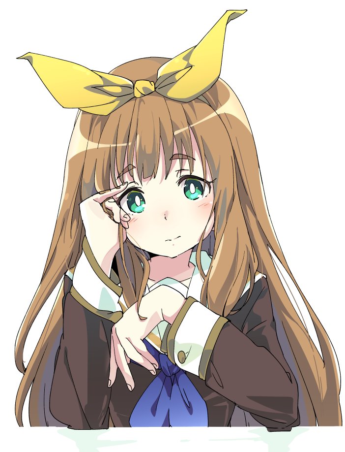 1girl blue_neckwear bow brown_hair brown_serafuku eyebrows_visible_through_hair green_eyes hair_bow hibike!_euphonium ixy long_hair looking_at_viewer neckerchief ponytail school_uniform serafuku solo thick_eyebrows upper_body yellow_bow yoshikawa_yuuko