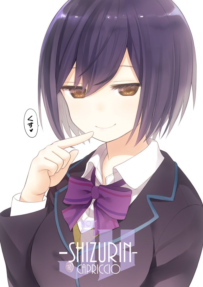 1girl bow bowtie brown_eyes capriccio character_name closed_mouth collared_shirt commentary_request finger_to_mouth hair_between_eyes jacket long_sleeves looking_at_viewer nijisanji purple_hair purple_neckwear shirt shizuka_rin short_hair simple_background smile solo upper_body white_background white_shirt wing_collar