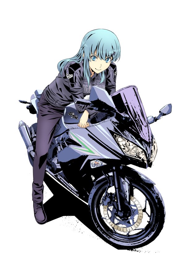 1girl bent_over black_footwear black_pants blue_eyes blue_hair boots closed_mouth commentary_request ground_vehicle hair_ornament hairclip ishii_hisao jacket kantai_collection leather leather_jacket long_hair looking_at_viewer motor_vehicle motorcycle pants simple_background sitting smile smug solo suzuya_(kantai_collection) white_background