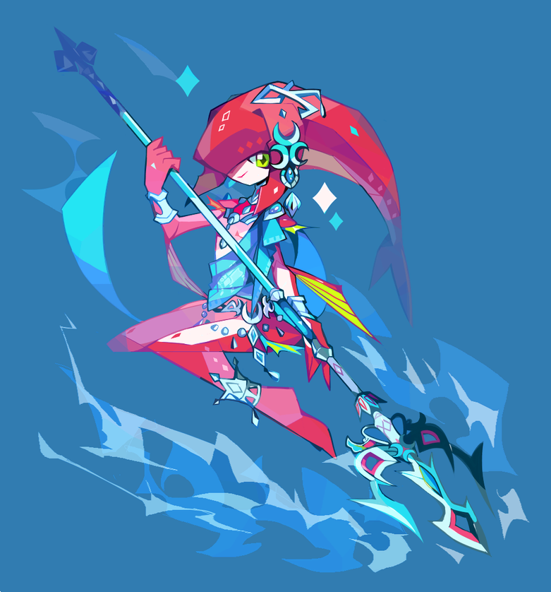 1girl amakusa_(hidorozoa) anklet barefoot bracelet closed_mouth green_eyes hand_up holding holding_weapon jewelry legs_together looking_at_viewer mipha red_skin smile solo tentacle_hair the_legend_of_zelda the_legend_of_zelda:_breath_of_the_wild weapon zora