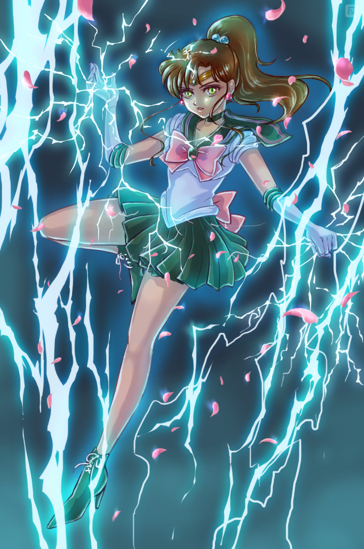 1girl ankle_boots back_bow bishoujo_senshi_sailor_moon boots bow brooch brown_hair choker circlet earrings elbow_gloves expressionless full_body gloves green_eyes green_footwear green_neckwear green_sailor_collar green_skirt hai_(pixiv26156235) hair_bobbles hair_ornament jewelry kino_makoto lightning long_hair looking_at_viewer petals pink_bow pleated_skirt ponytail sailor_collar sailor_jupiter sailor_senshi_uniform skirt solo white_gloves