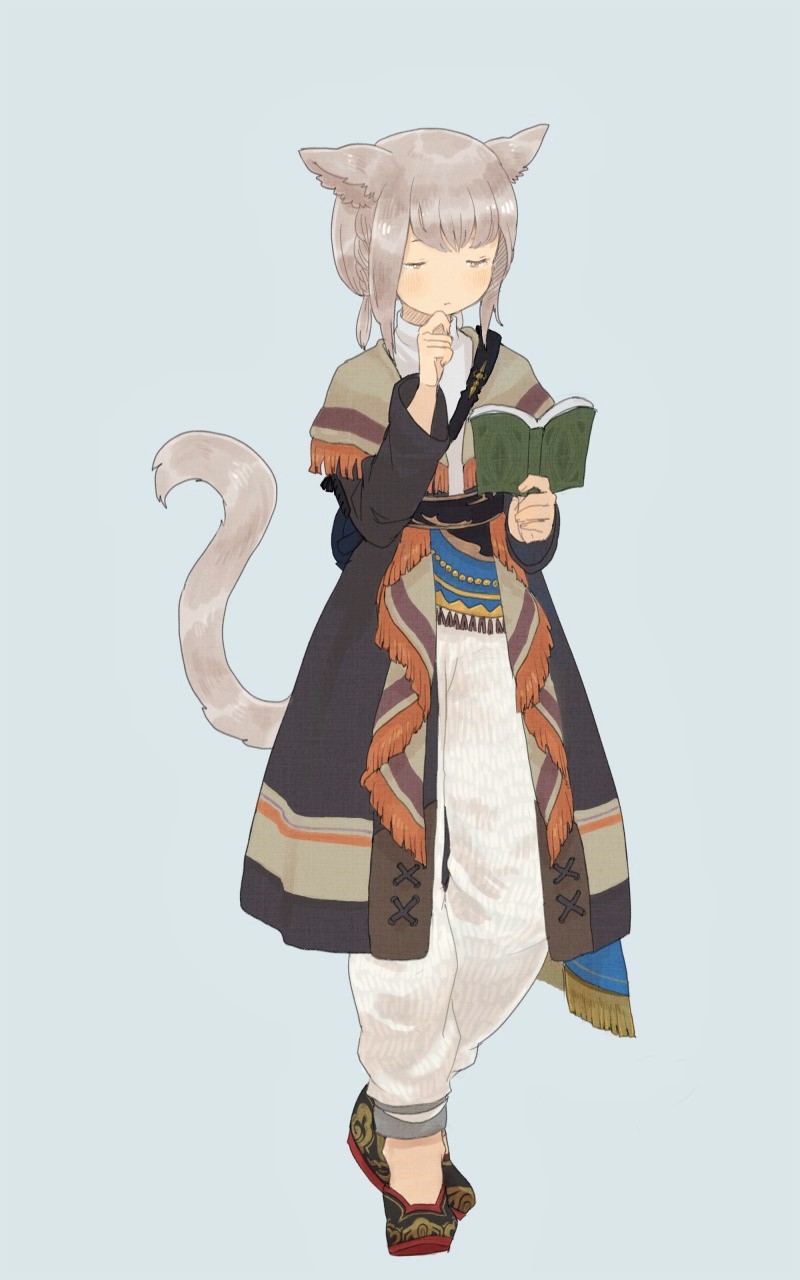 1girl animal_ears blue_background book brown_eyes cat_ears cat_tail final_fantasy final_fantasy_xiv finger_to_mouth full_body grey_hair highres miqo'te mozuku_(mozuuru0323) open_book short_hair solo tail walking