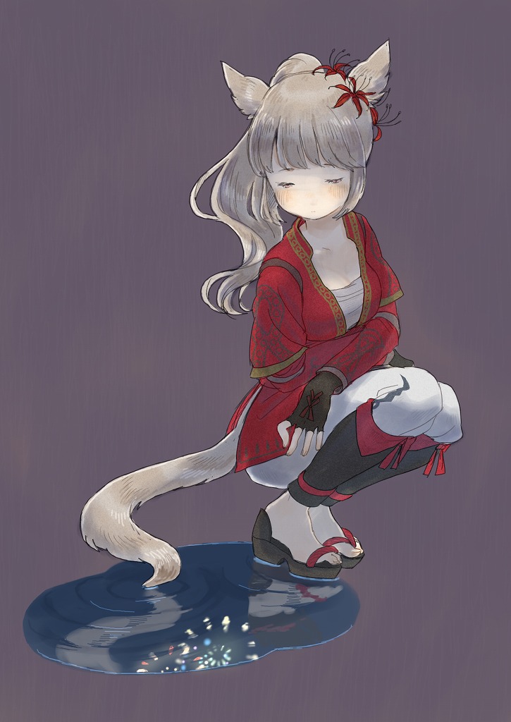 1girl animal_ears cat_ears cat_tail closed_eyes closed_mouth final_fantasy final_fantasy_xiv fingerless_gloves flower gloves hair_flower hair_ornament light_brown_hair long_hair miqo'te mozuku_(mozuuru0323) ponytail puddle purple_background reflection sarashi solo squatting tail water