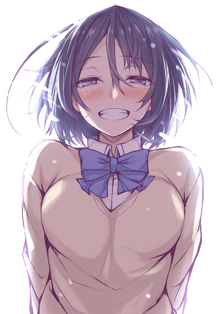 1girl blue_eyes blue_neckwear blush bow bowtie breasts collared_shirt commentary_request grin half-closed_eyes happy heterochromia large_breasts long_hair looking_at_viewer messy_hair nishi_minami original shirt short_hair simple_background smile solo suterii upper_body vest violet_eyes white_background wing_collar