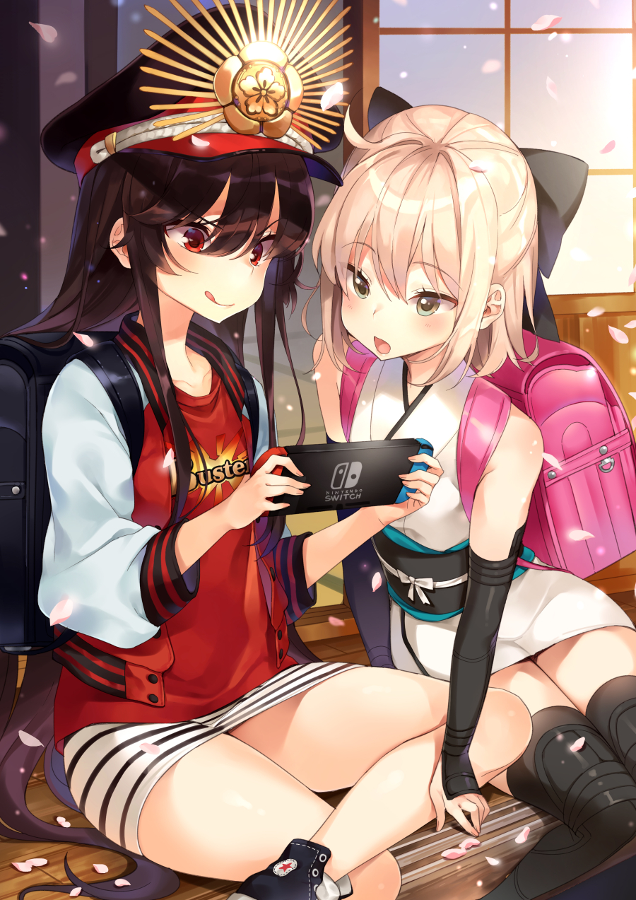 &gt;:) 2girls :o :q alternate_costume backpack bag bare_shoulders black_backpack black_bow black_footwear black_legwear blonde_hair bow brown_hair clothes_writing commentary_request contemporary detached_sleeves eyebrows_visible_through_hair fate/grand_order fate_(series) hair_between_eyes hair_bow hat highres holding hym9594 jacket japanese_clothes kimono long_hair miniskirt mirei multiple_girls nintendo_switch oda_nobunaga_(fate) okita_souji_(fate) open_mouth peaked_cap pencil_skirt petals red_eyes red_shirt shirt shoes short_hair short_kimono sidelocks sitting skirt sleeveless sleeveless_kimono sneakers striped striped_skirt thigh-highs tongue tongue_out v-shaped_eyebrows very_long_hair white_skirt yellow_eyes zettai_ryouiki