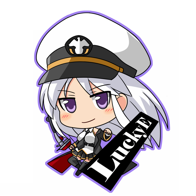 1girl azur_lane be_(o-hoho) black_legwear bow_(weapon) chibi coat enterprise_(azur_lane) hat holding long_hair looking_at_viewer necktie peaked_cap pleated_skirt silver_hair simple_background skirt smile solo thigh-highs violet_eyes weapon white_background zettai_ryouiki