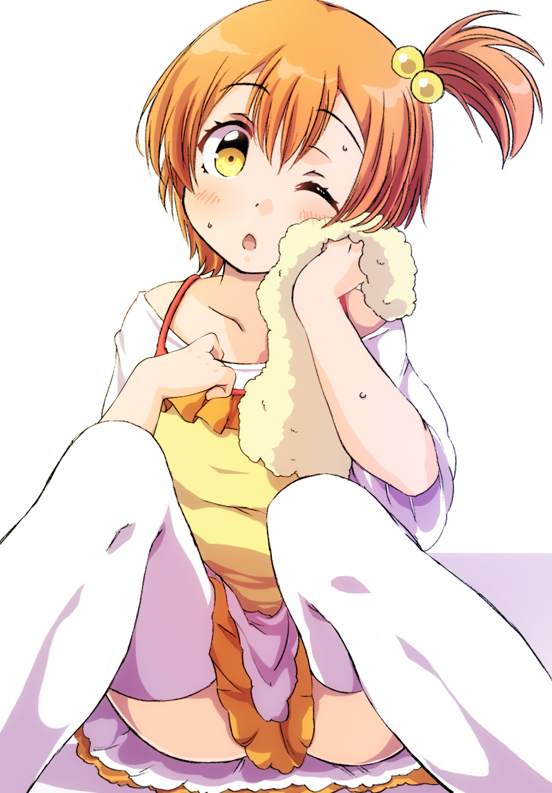 1girl ;o blush clenched_hand hair_bobbles hair_ornament hand_on_own_chest hoshizora_rin love_live! love_live!_school_idol_project miniskirt one_eye_closed orange_hair sen_(sen0910) short_hair side_ponytail sitting skirt solo sweat thigh-highs towel white_background white_legwear wiping_face yellow_eyes
