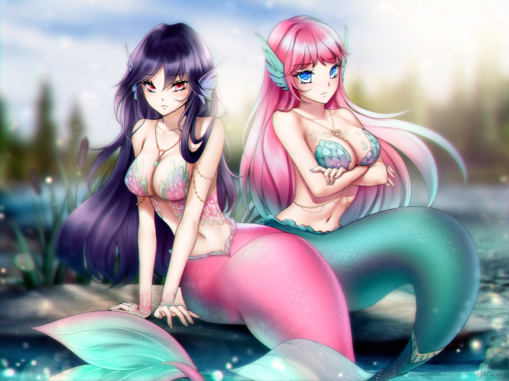 2girls arm_support artist_name bare_arms bare_shoulders blue_bikini_top blue_eyes blue_hair blue_sky blurry blurry_background blush breasts cleavage closed_mouth collar commission crossed_arms day depth_of_field gigamessy gradient_hair head_fins jewelry large_breasts leaning_to_the_side light_frown long_hair looking_at_viewer multicolored_hair multiple_girls navel necklace original pendant pink_bikini_top pink_hair purple_hair red_eyes rock sitting sky tsurime very_long_hair water