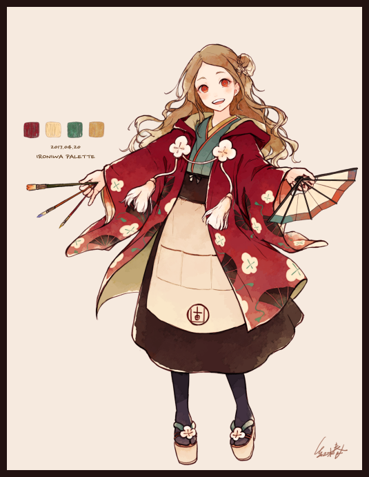 1girl :d akagi_shun black_border border brown_hair calligraphy_brush color_guide commentary_request dated grey_background hair_bun jacket japanese_clothes long_hair looking_at_viewer open_mouth original paintbrush platform_footwear red_eyes red_jacket signature simple_background smile solo standing