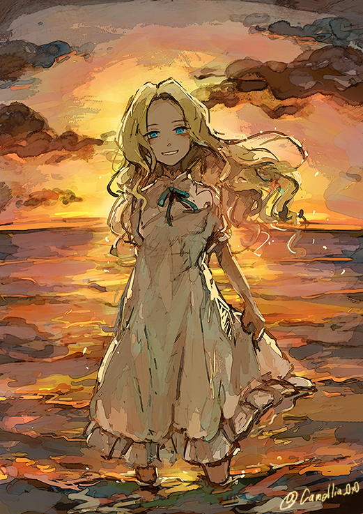 1girl akagi_shun bangs blonde_hair blue_eyes blue_neckwear blue_ribbon clouds commentary_request copyright_request long_hair looking_at_viewer neck_ribbon ocean outdoors parted_bangs parted_lips ribbon simple_background skirt_hold smile solo standing studio_ghibli sunset twitter_username wading white_background