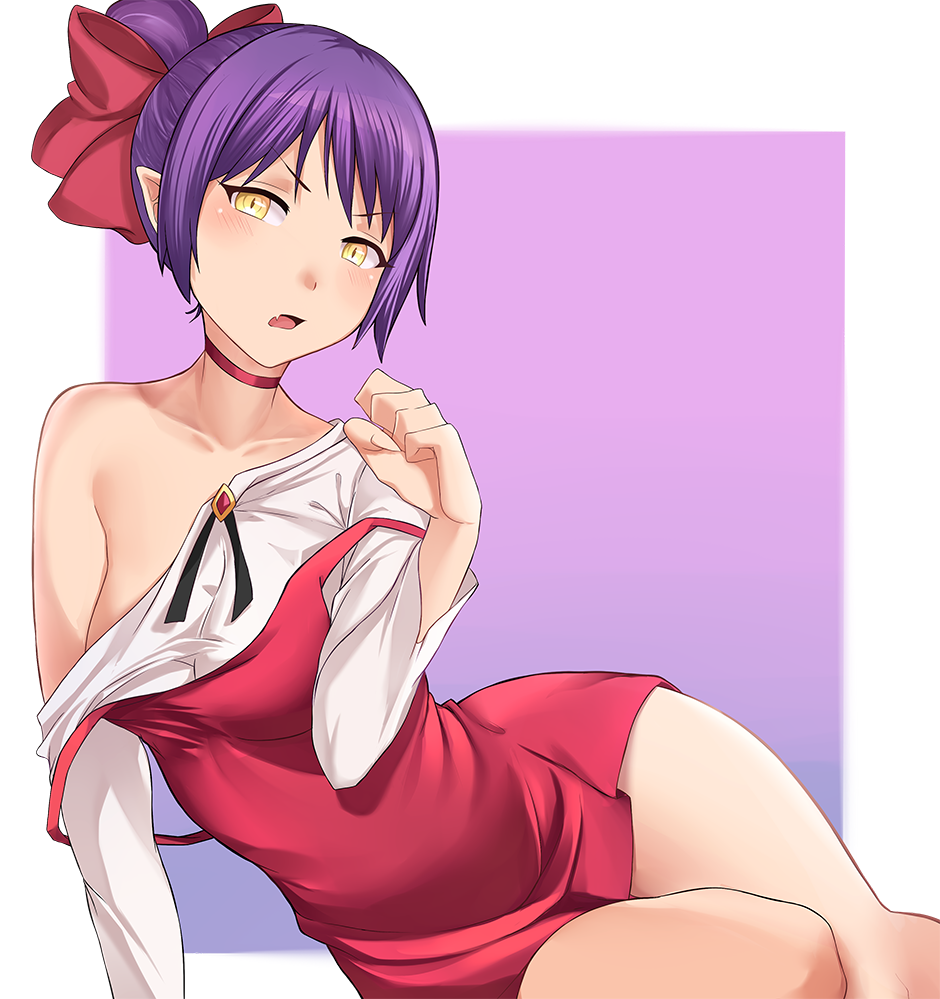 1girl aori_sora arm_support blush bow cat_girl commentary dress english_commentary fang fingernails gegege_no_kitarou hair_bow hair_bun leaning_to_the_side looking_at_viewer nekomusume nekomusume_(gegege_no_kitarou_6) off_shoulder parted_lips pointy_ears purple_background purple_hair red_bow red_dress sharp_fingernails shirt short_dress sitting slit_pupils solo strap_slip white_shirt yellow_eyes