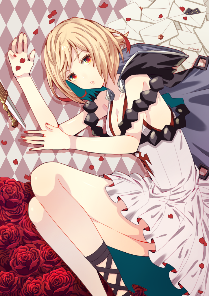 1girl ankle_lace-up assassin_(granblue_fantasy) ayuto blonde_hair breasts capelet checkered checkered_background cleavage cross-laced_footwear dagger djeeta_(granblue_fantasy) dress flower granblue_fantasy hood long_dress lying mail nail_polish on_side petals red_eyes rose rose_petals solo twitter_username weapon
