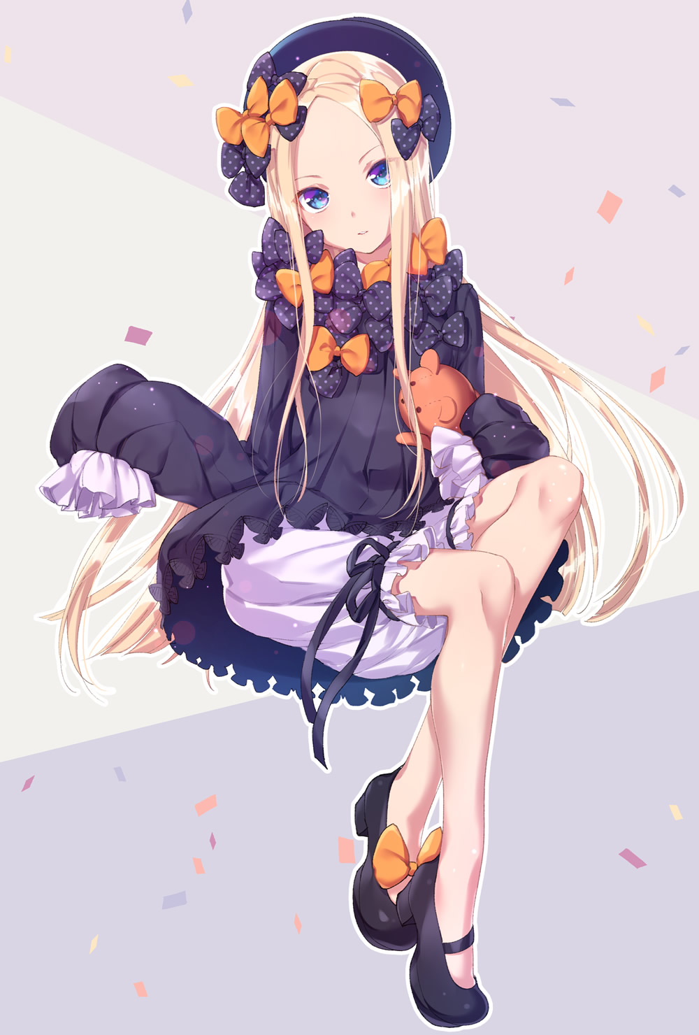 1girl abigail_williams_(fate/grand_order) bangs black_bow black_dress black_footwear black_hat blonde_hair bloomers blue_eyes bow bug butterfly commentary_request dress fate/grand_order fate_(series) forehead hair_bow hat head_tilt highres insect long_hair long_sleeves looking_at_viewer mary_janes object_hug orange_bow parted_bangs parted_lips polka_dot polka_dot_bow shoes sitting sleeves_past_fingers sleeves_past_wrists solo stuffed_animal stuffed_toy teddy_bear tsuru_ringo underwear very_long_hair white_bloomers