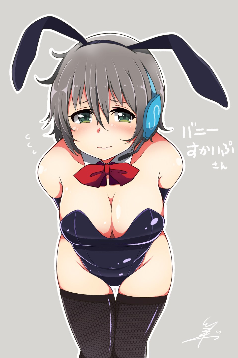 1girl animal_ears arms_behind_back black_legwear black_leotard blush bow bowtie breasts bunnysuit cleavage detached_collar elbow_gloves embarrassed fake_animal_ears flying_sweatdrops gloves green_eyes grey_background grey_hair hair_between_eyes headset highres large_breasts leaning_forward leotard looking_at_viewer personification rabbit_ears red_neckwear short_hair signature simple_background skype solo strapless strapless_leotard thigh-highs thigh_gap tsukigi