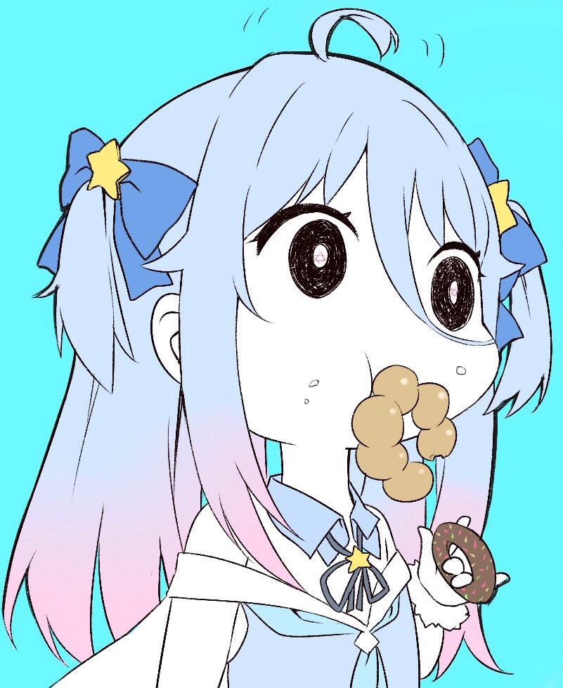 1girl \m/ ahoge blue_background blue_hair bow commentary_request copyright_request doughnut eating emphasis_lines food food_on_face gradient_hair hair_between_eyes hair_bow hair_ornament mouth_hold multicolored_hair nanakagura nandemo_iu_koto_wo_kiite_kureru_akane-chan_(voiceroid) neck_ribbon pink_hair ribbon simple_background solo star star_hair_ornament symbol_in_eye two_side_up wrist_cuffs