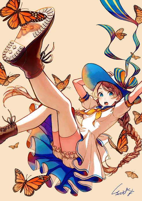 1girl :o akagi_shun blue_eyes blue_ribbon boots braid brown_footwear brown_hair bug butterfly commentary_request dress eyebrows_visible_through_hair falling hands_up hat hat_ribbon insect long_hair looking_at_viewer open_mouth original ribbon signature simple_background solo sun_hat twin_braids white_dress yellow_background