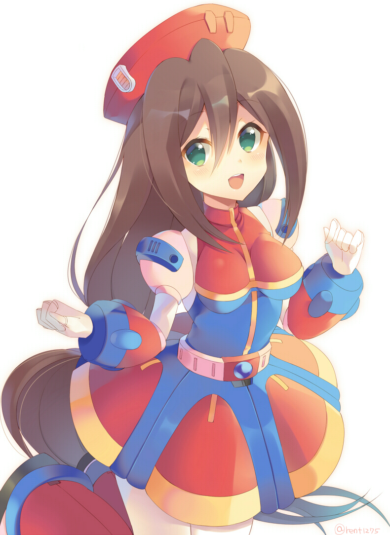 1girl android belt beret blush breasts brown_hair capcom dress gloves green_eyes hair_between_eyes happy hat iris_(rockman_x) long_hair looking_to_the_side low-tied_long_hair medium_breasts open_mouth rento_(rukeai) rockman rockman_x rockman_x4 smile solo very_long_hair white_gloves