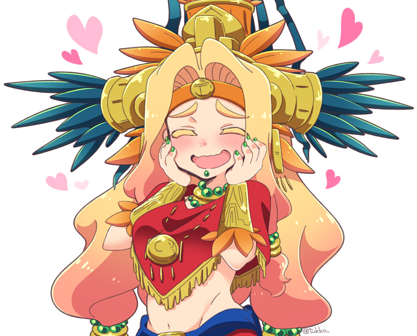 1girl :d ^_^ aztec bead_necklace beads blonde_hair blush bracer chin_piercing closed_eyes colored_eyelashes eyebrows eyebrows_visible_through_hair fate/grand_order fate_(series) feathers fingernails green_nails groin hair_beads hair_intakes hair_ornament hands_on_own_cheeks hands_on_own_face headband headdress heart jewelry long_hair low-tied_long_hair nail_polish navel neck_ring necklace open_mouth piercing poncho quetzalcoatl_(fate/grand_order) simple_background smile solo stomach tsukko_(3ki2ne10) twitter_username very_long_hair wavy_mouth white_background