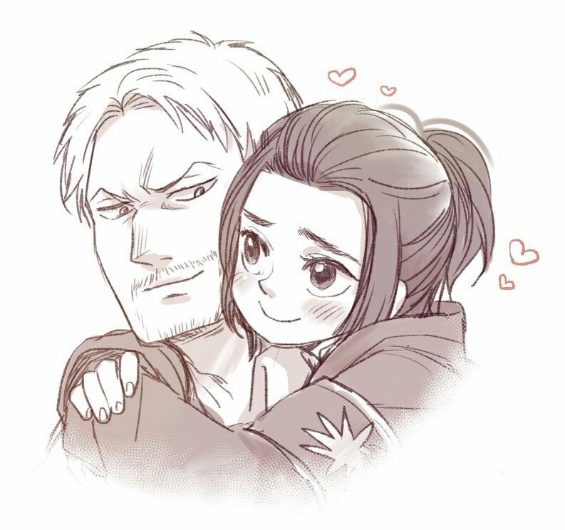 1boy 1girl armband child facial_hair family gabi_braun heart hug hug_from_behind looking_at_another reiner_braun shingeki_no_kyojin short_hair simple_background smile upper_body