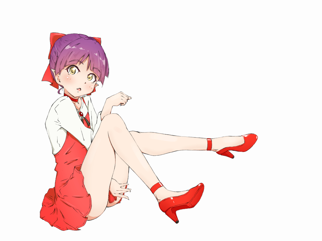 1girl ankleband bangs bare_legs blush bow brooch cat_girl choker commentary_request dress eyebrows_visible_through_hair fang full_body gegege_no_kitarou hair_bow jewelry kenagehanage long_sleeves looking_at_viewer nekomusume nekomusume_(gegege_no_kitarou_6) open_mouth paw_pose pointy_ears purple_hair red_bow red_choker red_dress red_footwear shirt short_hair simple_background solo white_background white_shirt yellow_eyes