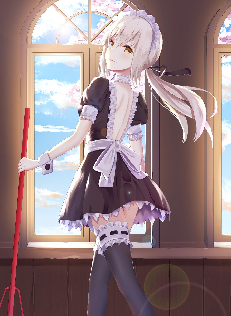 1girl :d artoria_pendragon_(all) bare_back black_legwear blue_sky broom clouds cloudy_sky commentary_request fate/stay_night fate_(series) from_behind highres holding long_hair looking_at_viewer looking_back low_ponytail maid mobu_(wddtfy61) open_mouth saber_alter shaft_look silver_hair sky smile solo thigh-highs white_skin window yellow_eyes zettai_ryouiki
