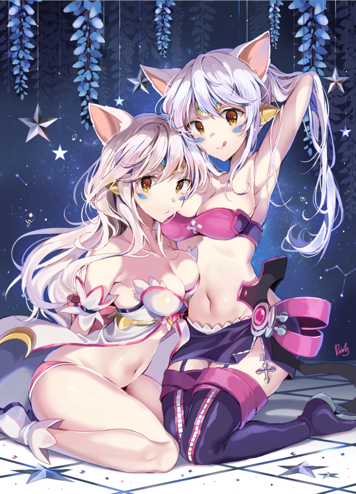 2girls :q animal_ears armpits bangs bare_arms bare_shoulders black_footwear black_legwear black_skirt blush boots breasts brown_eyes character_request cleavage closed_mouth collarbone commentary_request constellation dress elsword eyebrows_visible_through_hair facial_mark hair_between_eyes kneeling korean_commentary long_hair medium_breasts multiple_girls navel pinb signature silver_hair sitting skirt smile star strapless strapless_dress thigh-highs thigh_boots tile_floor tiles tongue tongue_out tubetop very_long_hair wariza white_dress white_footwear