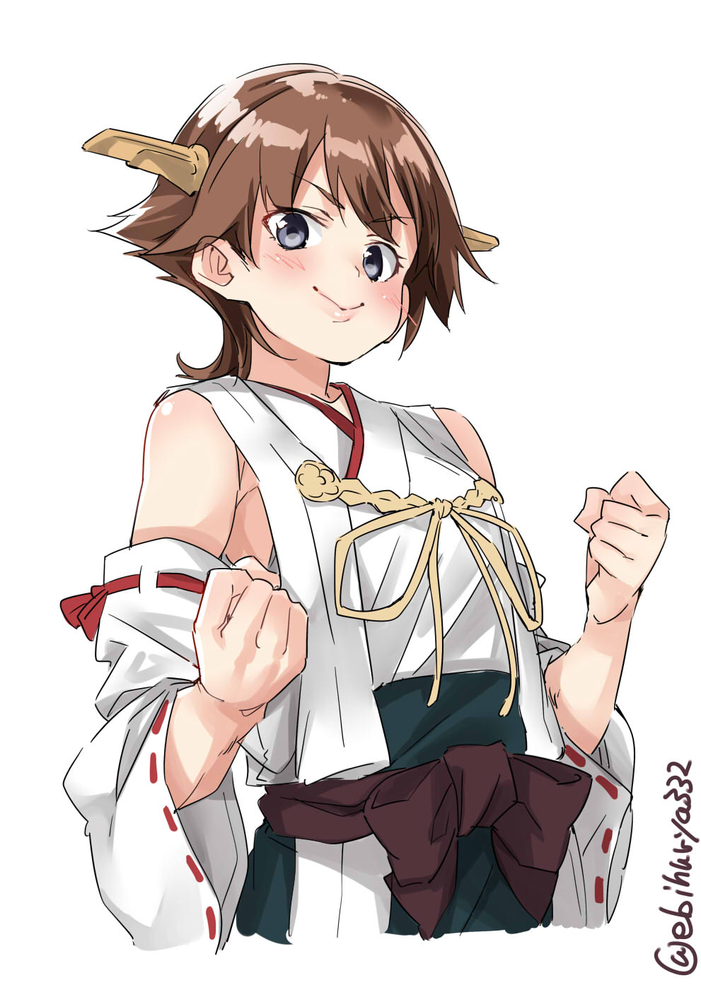 1girl bare_shoulders brown_hair detached_sleeves ebifurya flipped_hair green_skirt hairband headgear hiei_(kantai_collection) highres kantai_collection nontraditional_miko ribbon-trimmed_sleeves ribbon_trim short_hair simple_background skirt solo twitter_username violet_eyes white_background