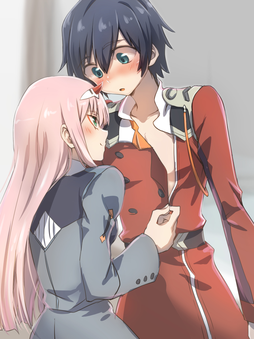 1boy 1girl :o aqua_eyes assisted_exposure black_hair blush cosplay costume_switch couple crossdressinging darling_in_the_franxx dress eye_contact eyebrows_visible_through_hair hair_between_eyes herozu_(xxhrd) hiro_(darling_in_the_franxx) hiro_(darling_in_the_franxx)_(cosplay) horns long_hair long_sleeves looking_at_another military military_uniform nose_blush pink_hair red_dress smile undressing uniform unzipping zero_two_(darling_in_the_franxx) zero_two_(darling_in_the_franxx)_(cosplay)