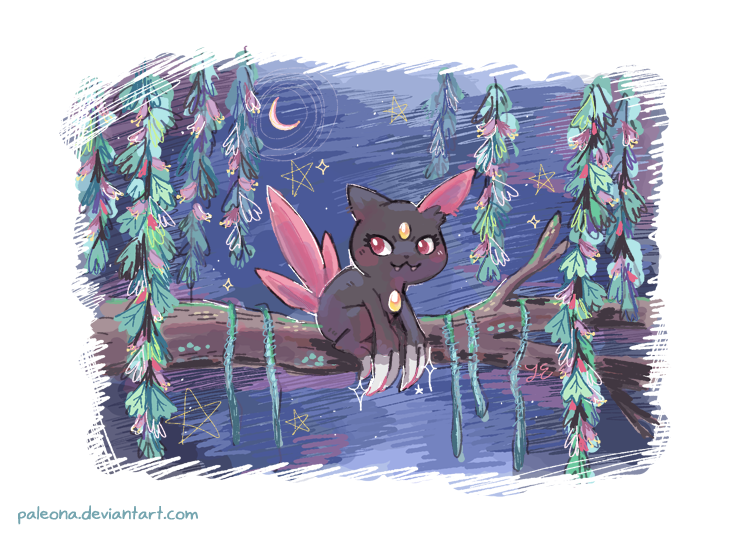:3 branch claws commentary creature crescent_moon english_commentary eyelashes fangs gen_2_pokemon looking_away looking_to_the_side moon night night_sky no_humans outdoors paleona pokemon pokemon_(creature) sitting sitting_on_branch sky sneasel solo star_(sky) starry_sky watermark web_address