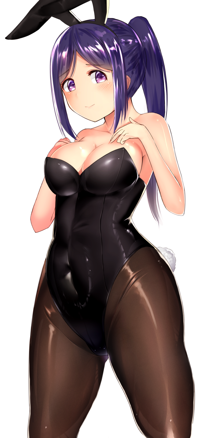 1girl animal_ears bare_shoulders black_legwear black_leotard breast_suppress breasts bunny_girl bunny_tail bunnysuit cleavage closed_mouth covered_navel eyebrows_visible_through_hair fake_animal_ears fishnet_pantyhose fishnets highres large_breasts leotard long_hair looking_at_viewer love_live! love_live!_sunshine!! matsuura_kanan nanasumin pantyhose ponytail purple_hair rabbit_ears sidelocks simple_background smile solo tail violet_eyes white_background