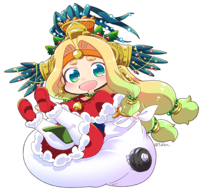 1girl :d beads bell blonde_hair blush boots capelet chibi christmas christmas_lights earrings fate/grand_order fate_(series) feathers full_body fur_trim gradient_hair green_eyes green_hair hair_beads hair_intakes hair_ornament headband headdress holding holding_sack jewelry legs_apart legs_up long_hair low-tied_long_hair multicolored_hair open_mouth pantyhose quetzalcoatl_(fate/grand_order) red_capelet red_footwear red_skirt sack santa_boots santa_costume simple_background skirt smile solo tsukko_(3ki2ne10) twitter_username two-tone_hair very_long_hair white_background white_legwear