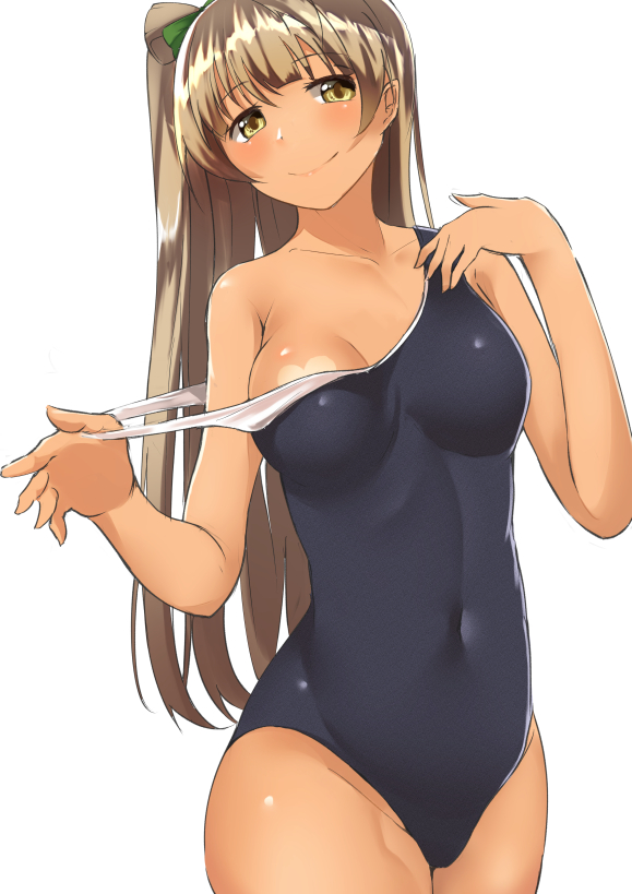 1girl bangs blush breasts brown_eyes brown_hair cleavage covered_navel cowboy_shot heart_tan long_hair looking_at_viewer love_live! love_live!_school_idol_project medium_breasts minami_kotori nanasumin off_shoulder one-piece_swimsuit one_side_up school_swimsuit simple_background smile solo strap_pull swimsuit tan very_long_hair white_background