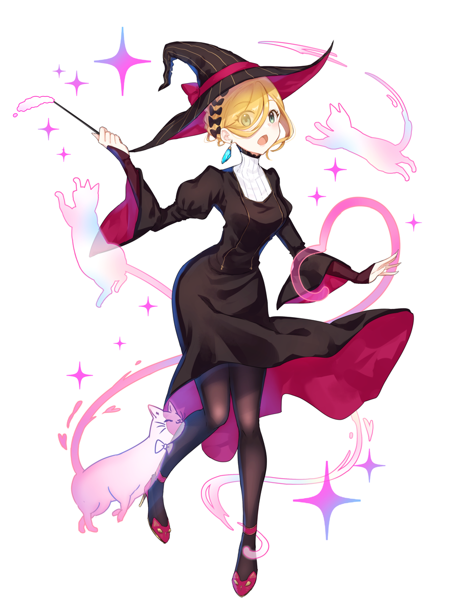 1girl black_dress black_legwear blonde_hair bow cat dress eyes_visible_through_hair full_body green_eyes hair_over_one_eye hat hat_bow high_heels highres long_sleeves looking_at_viewer magic mugi_(iccomae) open_mouth original pantyhose puffy_long_sleeves puffy_sleeves solo sparkle turtleneck two-tone_dress wand witch witch_hat